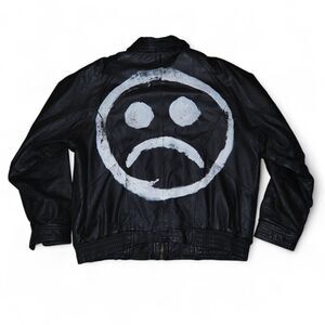 Rentini VTG Leather Grunge Punk Bomber Jacket "Sad Face"‎ Men's L Black / White